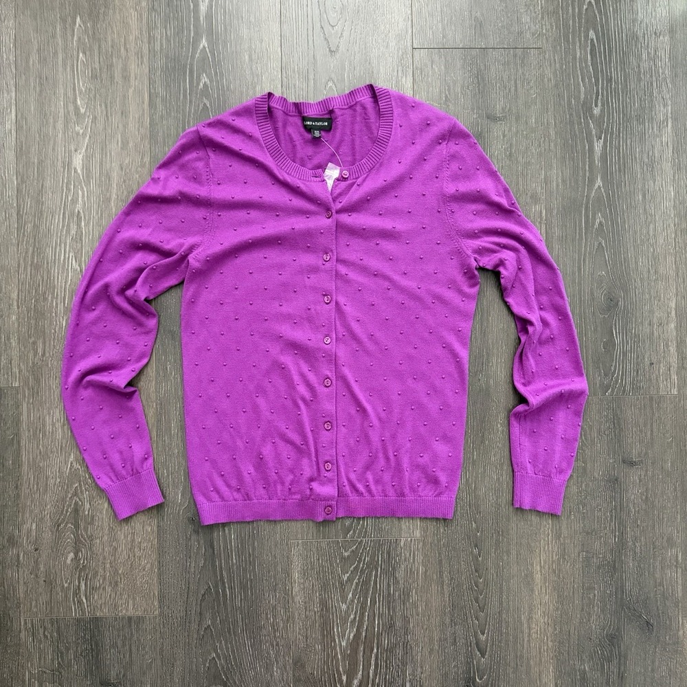 Lord & Taylor Womens M Swiss Dot Purple NWT Grandma Y2K Preppy Cardiganβ Sweater